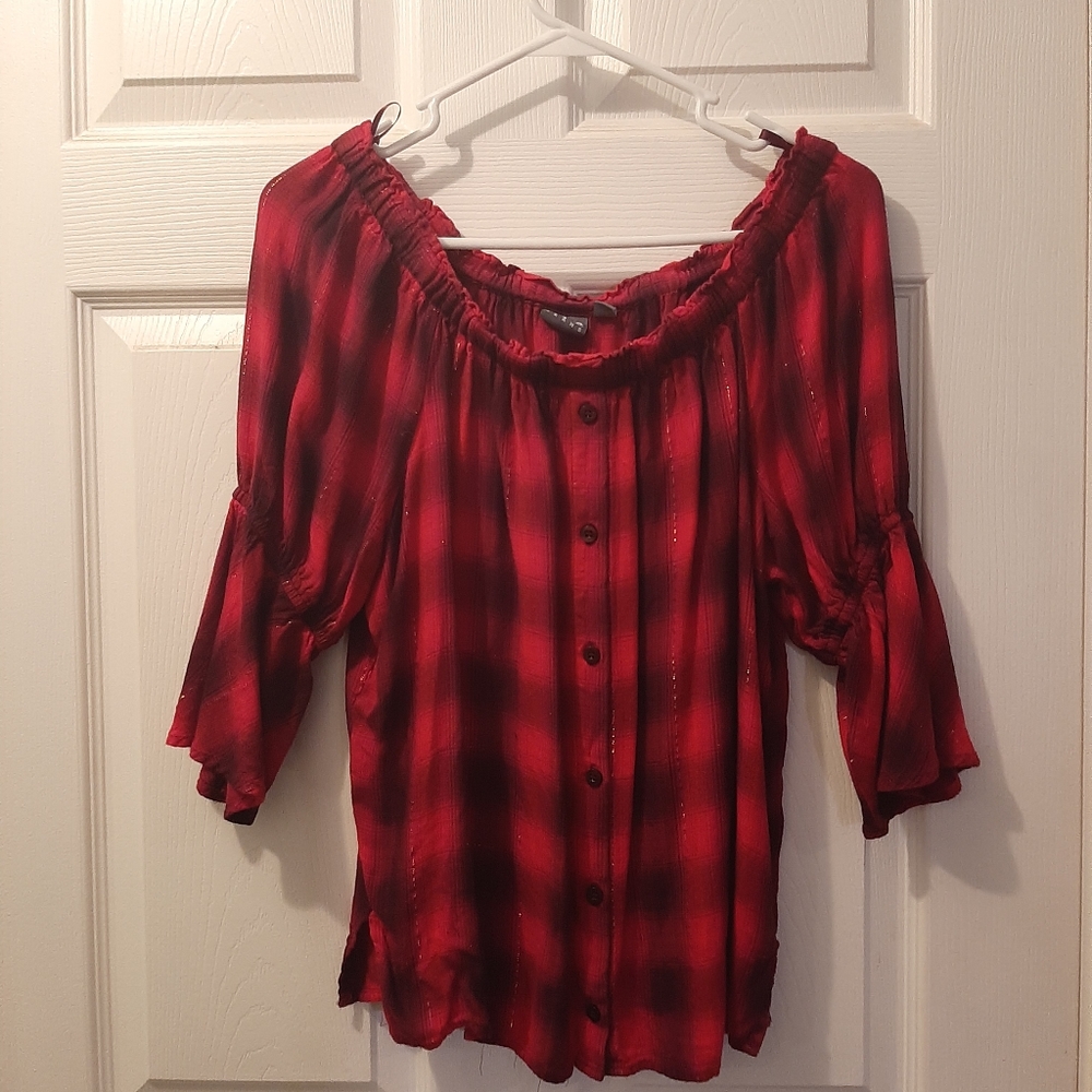 Red off the shoulder shirt
